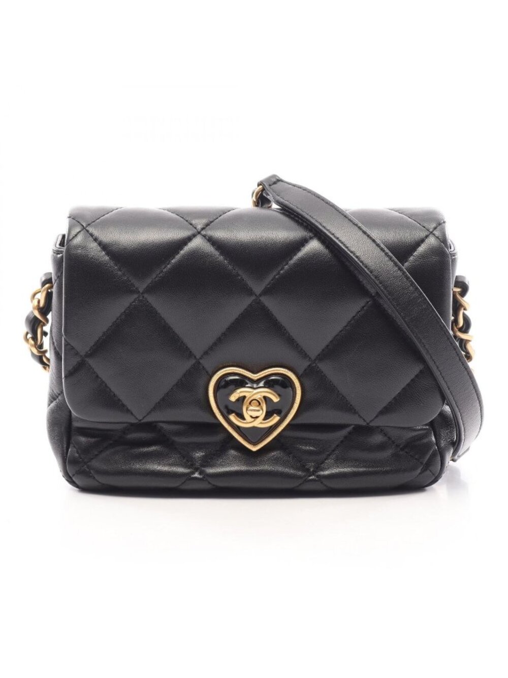 Chanel Shoulder Bag Quilted Heart Lock Black Lambskin Small Chain